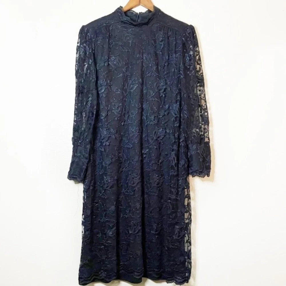 Vintage Mockneck Black Floral Lace Dress Sheer Size M/L BLAIR BOUTIQUE